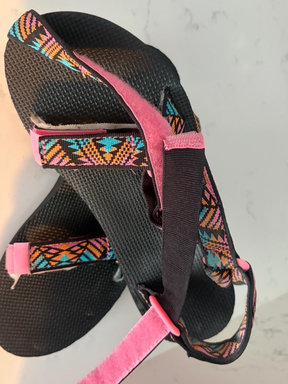 Teva Women's Black Sandals with Pink and Multicolor Geometric Straps